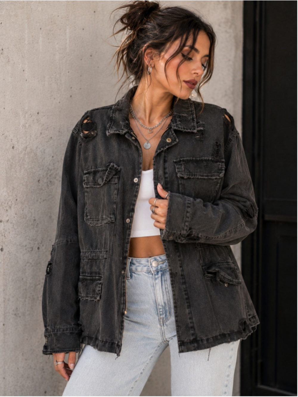 CARMAR Los Angeles Distressed Black Utility Jacket Size M Oversized Cargo
